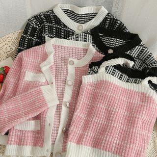 Set: Patterned Crop Top + Crew-neck Cardigan