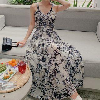Spaghetti Strap Lettering Maxi A-line Dress
