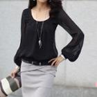 Long-sleeve Plain Top Black - One Size