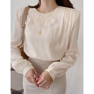 Padded-shoulder Shirred Silky Blouse