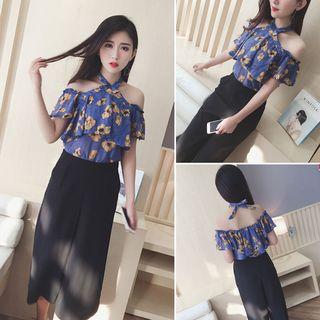 Set: Short-sleeve Off Shoulder Top + Cropped Wide Leg Pants