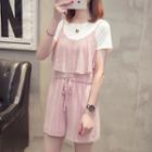 Set: Plain Short-sleeve T-shirt + Striped Spaghetti Strap Playsuit