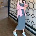 Long-sleeve Plain Shirt / Spaghetti Strap Midi A-line Dress