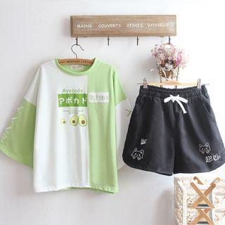 3/4-sleeve Printed T-shirt / Wide-leg Shorts / Set