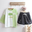 3/4-sleeve Printed T-shirt / Wide-leg Shorts / Set