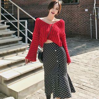 V-neck Cropped Sweater / Dotted Midi Mermaid Skirt / Set