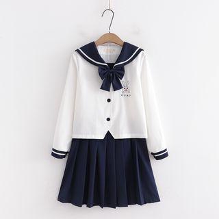 Rabbit Embroidered Sailor Collar Blouse / Bow Tie / Mini Pleated Skirt / Set