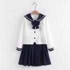 Rabbit Embroidered Sailor Collar Blouse / Bow Tie / Mini Pleated Skirt / Set