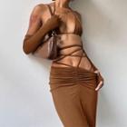 Set: Tie-waist Maxi Pencil Skirt + Oversleeves + Halter Camisole Top