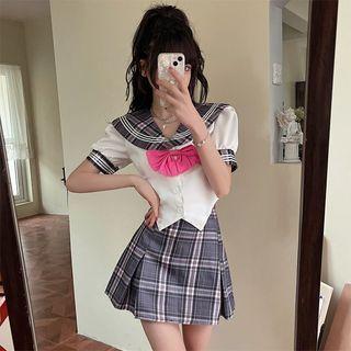 Cropped Blouse With Bowtie / Plaid Mini A-line Skirt / Set