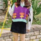 Flower Pattern Color Block Knit Vest Purple - One Size