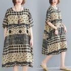 Patterned Elbow-sleeve Midi A-line Dress As Shown In Figure - One Size