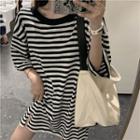 Elbow-sleeve Striped T-shirt Dress Stripe - Black & White - One Size