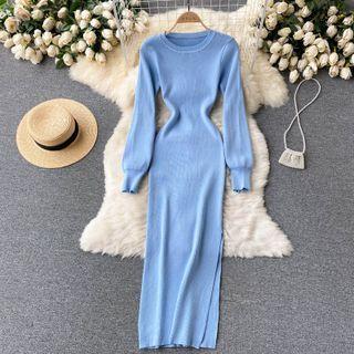 Round-neck Long-sleeve Slit Knit Dress