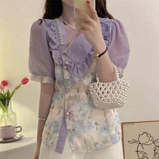 Short-sleeve Asymmetrical Ruffled-trim V-neck Shirt Purple - One Size