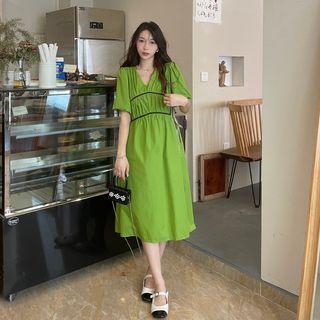V-neck Pleated A-line Dress Green - One Size