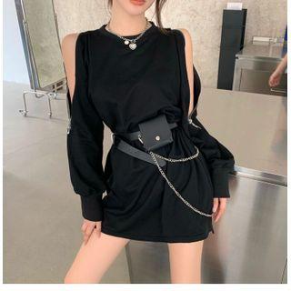 Cold Shoulder Long-sleeve A-line Dress / Belt