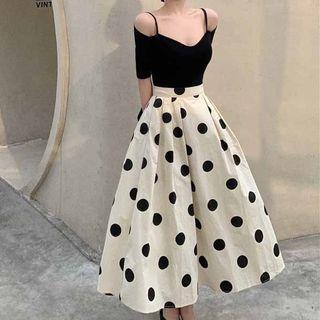 Short-sleeve Cold-shoulder T-shirt / Dotted Midi A-line Skirt