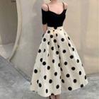 Short-sleeve Cold-shoulder T-shirt / Dotted Midi A-line Skirt