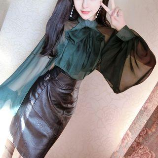 Set: Bow Long-sleeve Chiffon Blouse + Faux Leather Mini Skirt