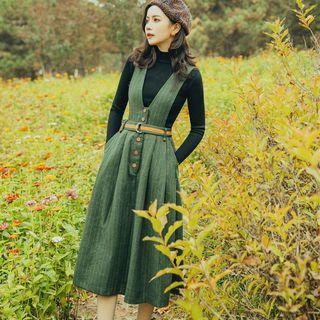 Set: Mock Neck Knit Top + Suspender Midi A-line Dress
