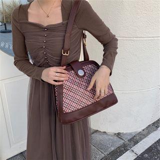 Plaid Faux Leather Shoulder Bag Brown - One Size
