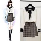 Ribbon Collared Sweater / Plaid A-line Mini Skirt / Set