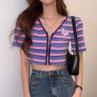 Short-sleeve Striped Zip T-shirt As Shown In Figure - One Size