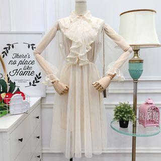 Ruffled-trim Mesh A-line Dress With Camisole