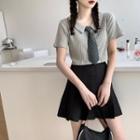 Neck Tie Short-sleeve Top / Pleated Skirt