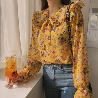 Beribboned Frilled-collar Floral Blouse