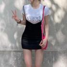 Angel Print Short-sleeve T-shirt / Plain Slim-fit Sleeveless Dress