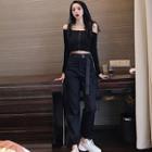 Off-shoulder Long-sleeve T-shirt / High Waist Cargo Pants