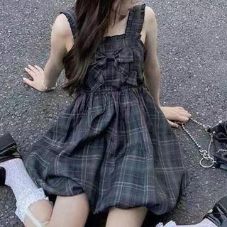 Sleeveless Plaid Bow Mini A-line Dress