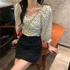 Dotted Shirred-front Elbow-sleeve Cropped Blouse