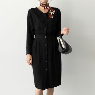Smocked-waist Buttoned Midi Dress