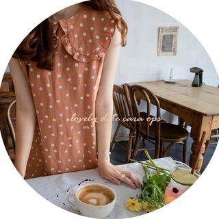 Sleeveless Frilled-collar Polka-dot Dress Peach - One Size