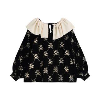Puff-sleeve Bear Print Velvet Blouse
