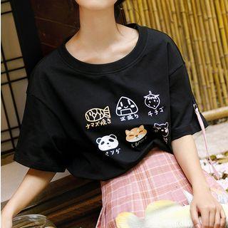 Elbow-sleeve Cartoon Print Top