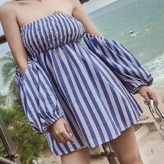 Long-sleeve Off Shoulder Striped A-line Dress