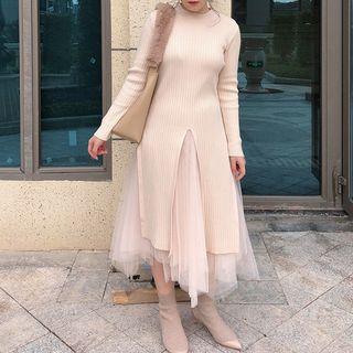 Set: Slit Sweater + Midi Mesh Skirt