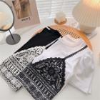 Short-sleeve Round Neck Mock Two-piece Lace T-shirt