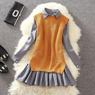 Set: Pinstriped Shirtdress + Knit Vest