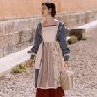 Contrast Color Panel Long-sleeve Midi A-line Dress