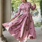 Long-sleeve Frilled Embroidered Maxi A-line Dress