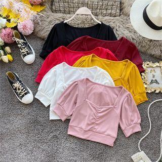 Square-neck Ruched Short-sleeve Cropped Top