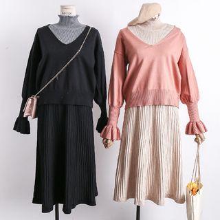 Set: Ruffle Trim Knit Pullover + Sleeveless Knit Dress