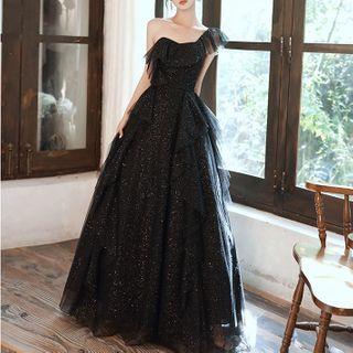 One Shoulder Mesh Sequined A-line Evening Gown