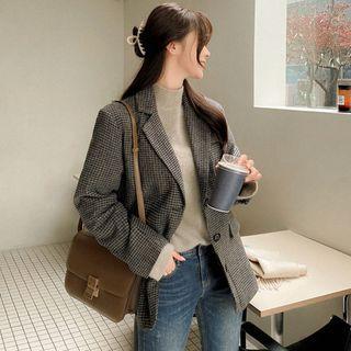 Plus Size Single-breasted Wool Blend Checked Blazer