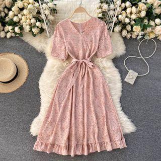 Short-sleeve V-neck Floral Tie-waist Midi A-line Dress